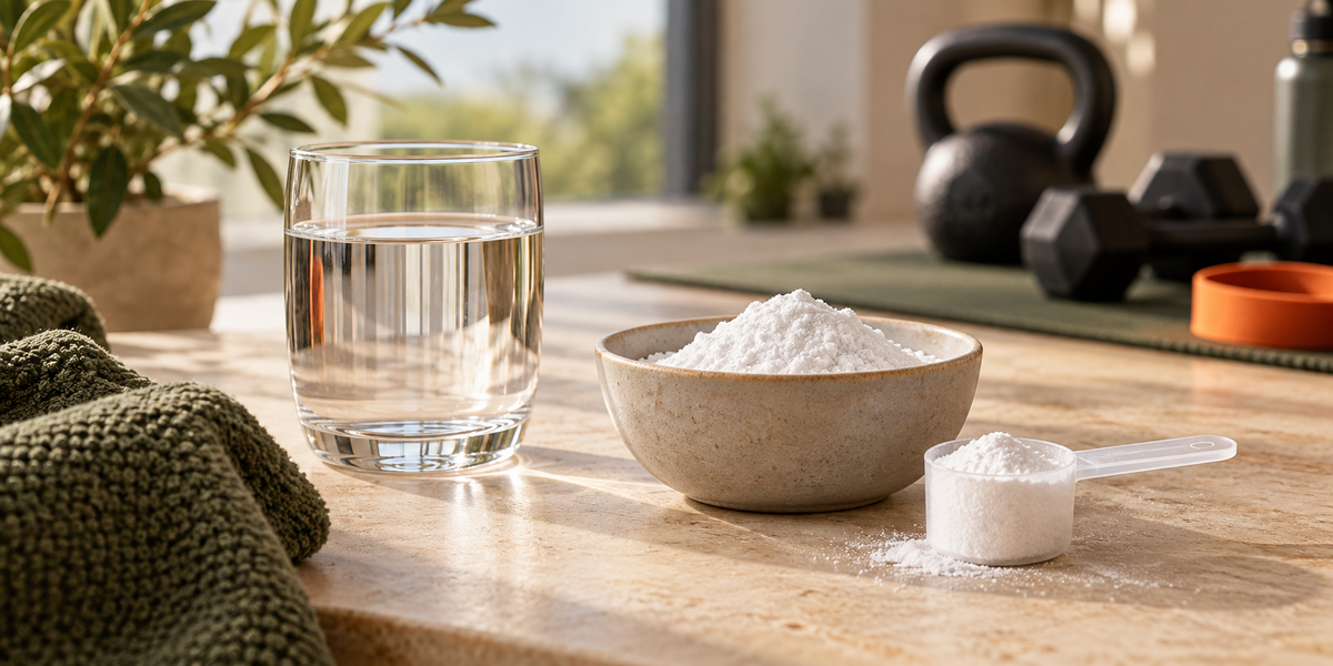 Créatine en poudre avec doseur et verre d’eau dans un espace de fitness